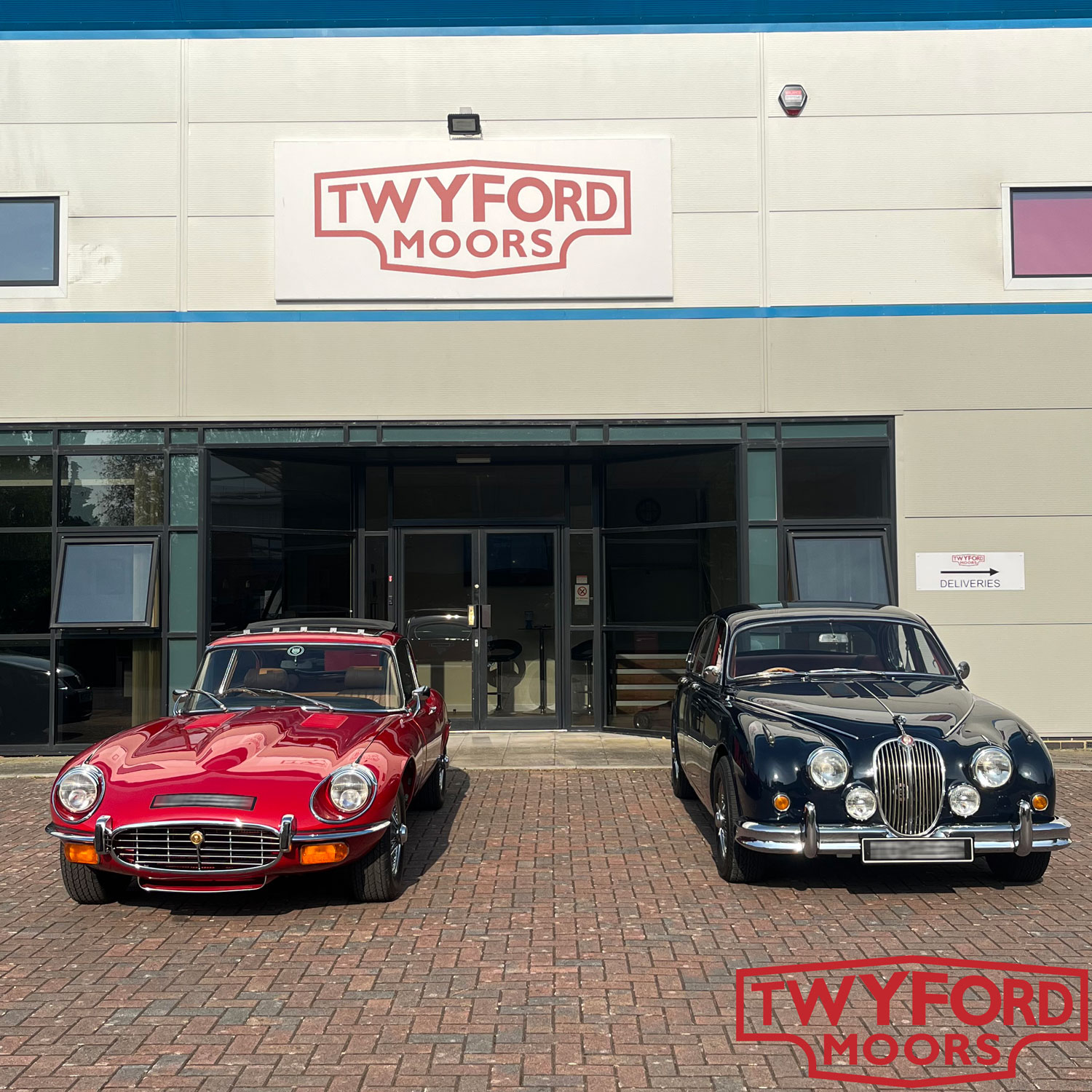 Jaguar MKII and E-Type outside workshop