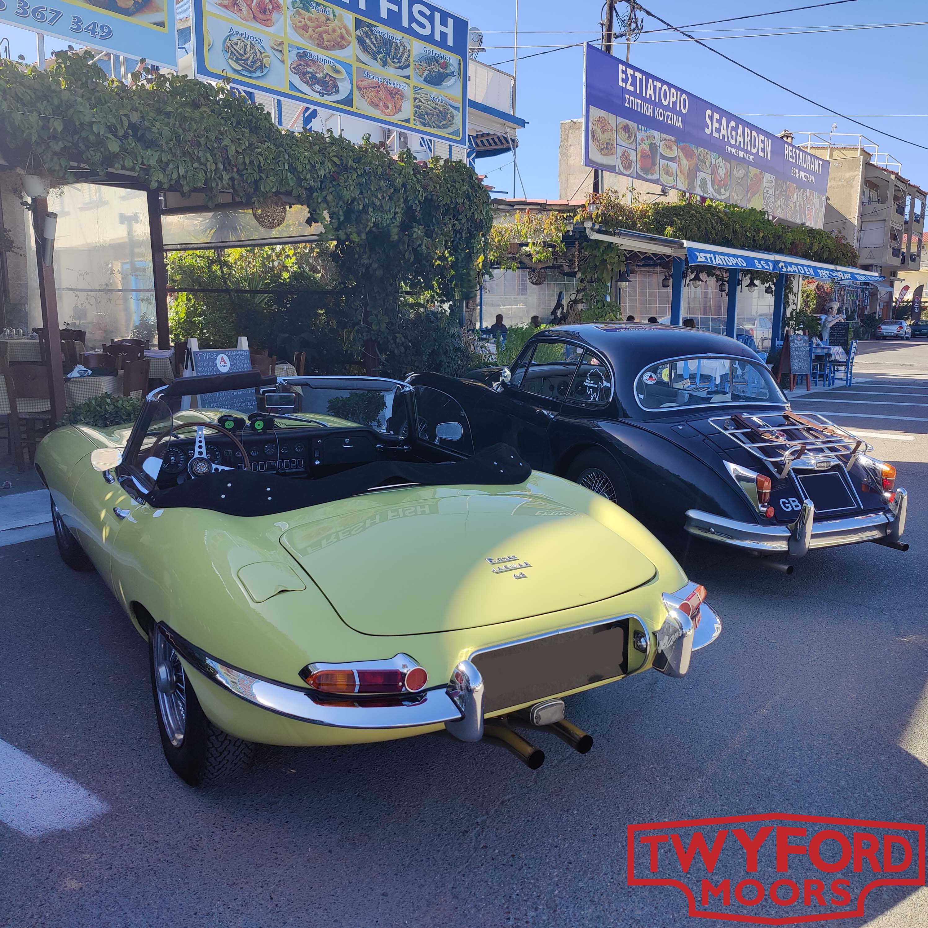 Jaguar E-Type and XK150 in touring Greece